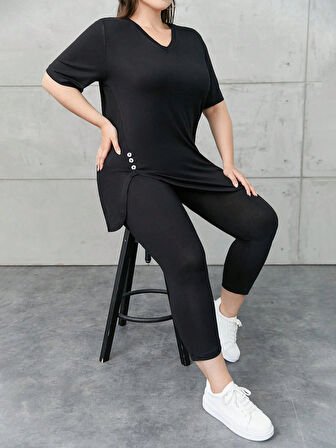 Kadın Büyük Beden Kısa Kollu Düğme Detaylı V Yaka Viskon Takım