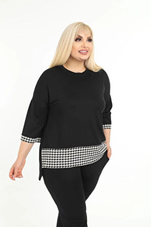 Kadın Büyük Beden Siyah Kazayağı Desenli Kapri Eşofman Takım 11tkm250