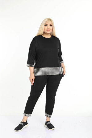 Kadın Büyük Beden Siyah Kazayağı Desenli Kapri Eşofman Takım 11tkm250