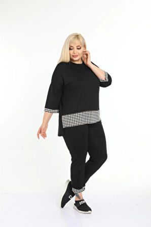 Kadın Büyük Beden Siyah Kazayağı Desenli Kapri Eşofman Takım 11tkm250