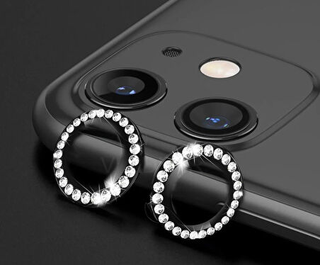 iPhone 11 / 12 ve 12mini için Kamera Koruyucu Taşlı ve Metal Lens Koruyucu Siyah