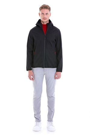 Siyah Su ve Rüzgar Geçirmez Kapüşonlu Softshell Mont | S