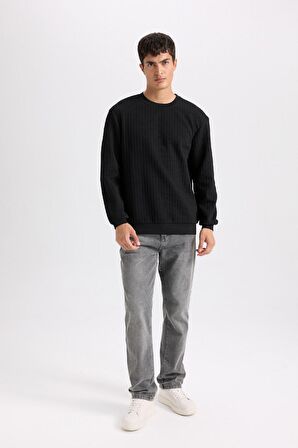 DeFacto Regular Fit Bisiklet Yaka Jakarlı Basic Düz Sweatshirt D5391AX24AUBK27