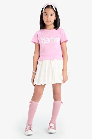 Kız Çocuk Barbie Fitted Bisiklet Yaka Ribana Kısa Kollu Tişört