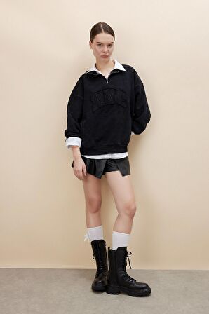 DeFacto Oversize Yarım Fermuarlı Baskılı Soluk Yıkama Efektli Kalın Sweatshirt C2014AX24SPBK81