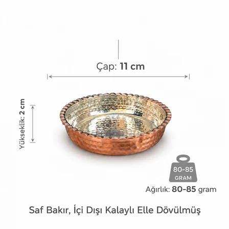 Copper Empire 6'lı Bakır Sunum Tabağı 11 cm Kulpsuz El Dövmesi İçi Dışı Kalaylı Saf Bakır Mini Sahan Seti