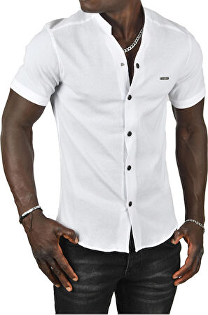 DeepSEA Erkek Beyaz Gofre Kumaş Hakim Yaka Slim Fit Likralı Çıtçıtlı Kısa Kollu Gömlek 2403018