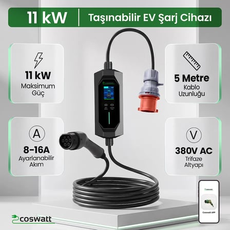 Cks Enerji Elektrikli Araç Taşınabilir Şarj Istasyonu 11 Kw / 16A / Tip-2 / 5X16A Fiş / Trifaze / 5m / Çantalı / Ev Tipi Dönüştürücü Kablolu(TÜRKÇE MENÜ)