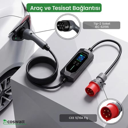 Cks Enerji Elektrikli Araba Taşınabilir Şarj Cihazı 11 Kw 16A Tip-2 5X16A 8 Metre Kablo (Türkçe Menü) YERLİ ÜRETİM