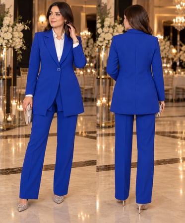 Saks Mavi Tek Düğmeli Blazer Ceket Pantolon Kadın İkili Takım