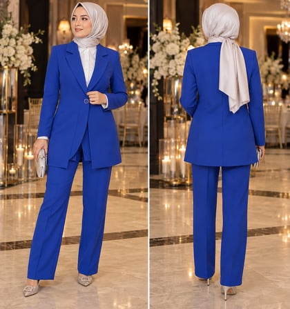 Saks Mavi Tek Düğmeli Blazer Ceket Pantolon Kadın İkili Takım