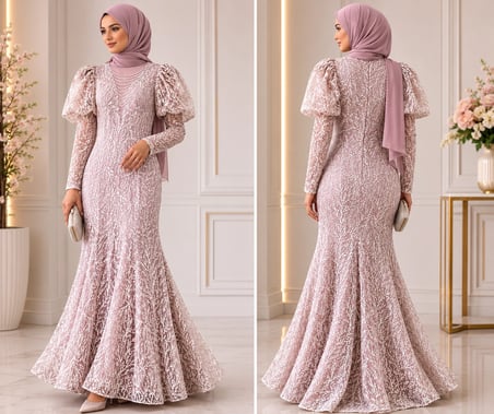 🌸 Pudra Dantel Detaylı Tesettür Abiye Elbise