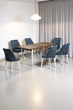 Sera Ceviz 80 x 132 Açılabilen Sunta Masa Beyaz Metal Ayaklı Mutfak Masası 6 Kot Füme Sandalye