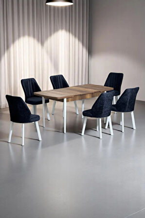 Sera Ceviz 80 x 132 Açılabilen Sunta Masa Beyaz Metal Ayaklı Mutfak Masası 6 Siyah Sandalye