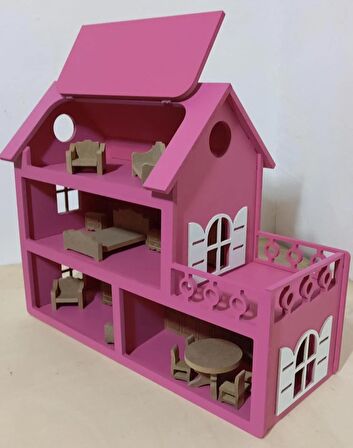 boyalı ahşap çatısı açılır barbie evi, mobilya seti hediyemizdir