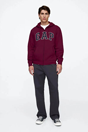 Logo Relaxed Fleece Erkek Bordo Fermuarlı Sweatshirt