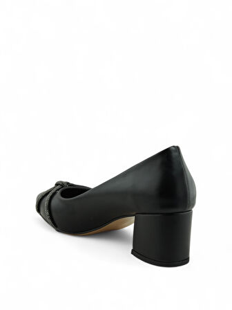 Kadın Kalın Ökçe Taşlı  Şeritli 7 Pont Topuklu Ayakkabı