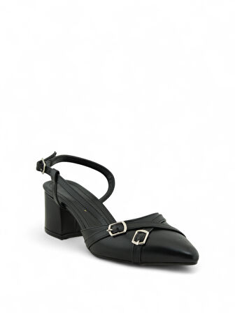 Kadın Kalın Ökçe Çift Tokalı 7 Pont Topuklu Ayakkabı