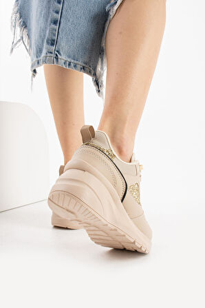 Kadın Yüksek Tabanlı Gümüş Sim Detaylı Günlük Sneaker Ayakkabı