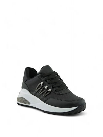 Kadın Hafif Poliüretan Kalın Taban Taşlı Simli Günlük Spor Ayakkabı