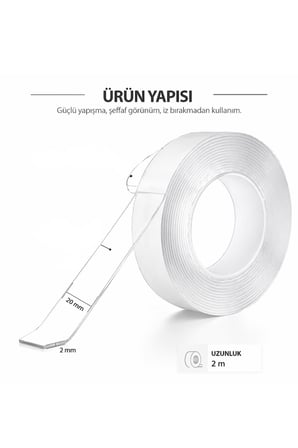 Çift Taraflı Nano Bant 2m Şeffaf Güçlü Yapışkan İz Bırakmayan Montaj Sabitleyici Bant