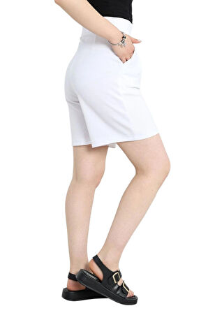 Krep Cırtlı Şort Beyaz