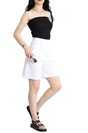 Krep Cırtlı Şort Beyaz