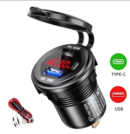 12-24volt Araç/tekne/motosiklet (quick)hızlı Şarj Voltmetre Usb/Type-C Port Kırmızı ışık