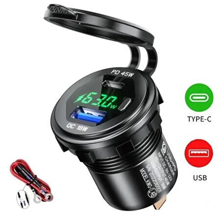 12-24volt Araç/tekne/motosiklet (quick)hızlı Şarj Voltmetre Usb/Type-C Port Yeşil ışık
