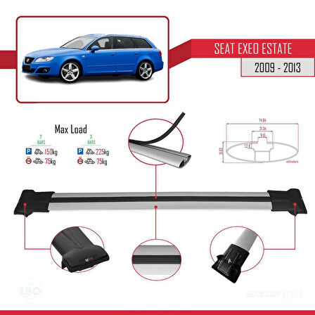 Seat Exeo (3R9) ST 2009-2013 Arası ile Uyumlu FLY Model Ara Atkı Tavan Barı Gri 2 Adet