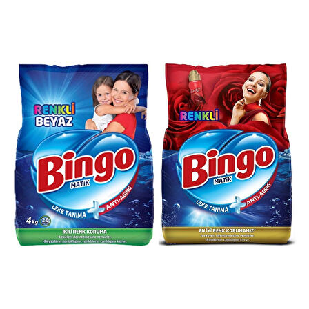 Bingo Matik Renkli Beyaz 4 kg + Renkli 4 kg Toz Çamaşır Deterjanı 2 li Set