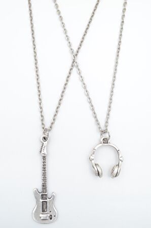 2'li Elektro Gitar - Kulaklık Erkek Kadın Kolye Seti 925 Ayar Gümüş Kaplama