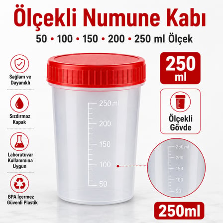Numune Kabı Ölçekli Şeffaf Gövdeli Kırmızı Vidalı Kapaklı 250 ml 200 Adet
