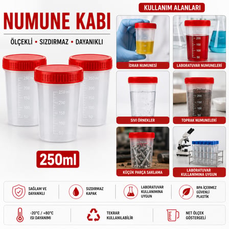 Numune Kabı Ölçekli Şeffaf Gövdeli Kırmızı Vidalı Kapaklı 250 ml 200 Adet