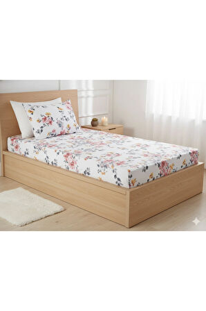 Makiteks %100 pamuklu çiçek desenli 120x200+50x70 cm tek kişilik lastikli çarşaf takımı