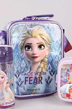 DEKOMUS LİSANSLI ELSA FROZEN "BESLENME ÇANTASI,BESLENME KABI VE 500 ML TRITAN MATARA OKUL BESLENME SETİ 
