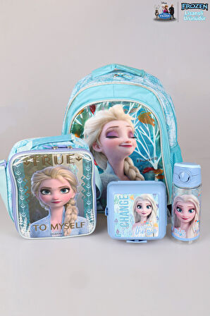 DEKOMUS LİSANSLI ELSA FROZEN OWN YOUR DESTIN "OKUL ÇANTASI,BESLENME ÇANTASI,BESLENME KABI VE 500 ML TRITAN MATARA OKUL SETİ 