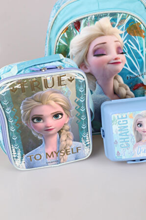 DEKOMUS LİSANSLI ELSA FROZEN OWN YOUR DESTIN "OKUL ÇANTASI,BESLENME ÇANTASI,BESLENME KABI VE 500 ML TRITAN MATARA OKUL SETİ 