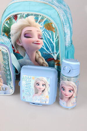 DEKOMUS LİSANSLI ELSA FROZEN OWN YOUR DESTIN "OKUL ÇANTASI,BESLENME ÇANTASI,BESLENME KABI VE 500 ML TRITAN MATARA OKUL SETİ 
