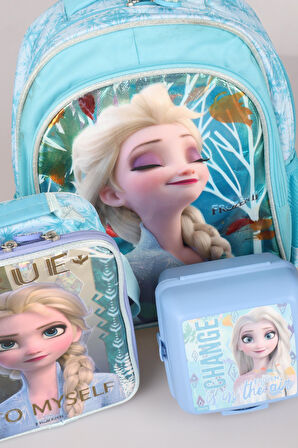 DEKOMUS LİSANSLI ELSA FROZEN OWN YOUR DESTIN "OKUL ÇANTASI,BESLENME ÇANTASI,BESLENME KABI VE 500 ML TRITAN MATARA OKUL SETİ 