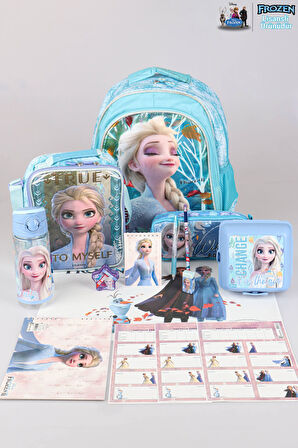 DEKOMUS LİSANSLI ELSA FROZEN "OKUL ÇANTASI,KALEM VE BESLENME ÇANTASI,BESLENME KABI VE 500 ML TRITAN MATARA OKUL SETİ 