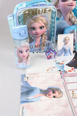DEKOMUS LİSANSLI ELSA FROZEN "OKUL ÇANTASI,KALEM VE BESLENME ÇANTASI,BESLENME KABI VE 500 ML TRITAN MATARA OKUL SETİ 