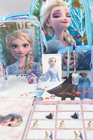 DEKOMUS LİSANSLI ELSA FROZEN "OKUL ÇANTASI,KALEM VE BESLENME ÇANTASI,BESLENME KABI VE 500 ML TRITAN MATARA OKUL SETİ 