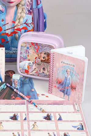 DEKOMUS LİSANSLI ELSA FROZEN "OKUL ÇANTASI VE BESLENME ÇANTASI,BESLENME KABI VE 500 ML TRITAN MATARA OKUL SETİ 