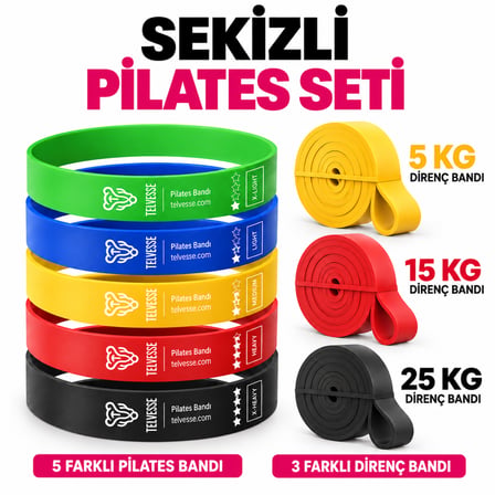 Pilates Direnç Bandı Seti Mini Loop Ve Uzun Egzersiz Bantları 8 Parça