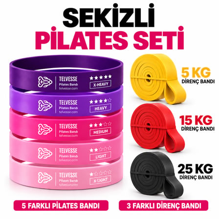 Pilates Direnç Bandı Seti Pembe Mor Mini Loop Uzun Egzersiz 8 Parça