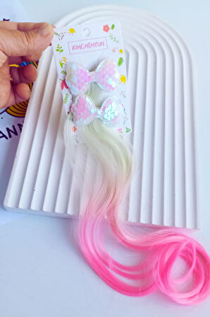 Kız Çocuk  Pullu Kurdele Renkli Yapay Postiş Saç 2 Adet