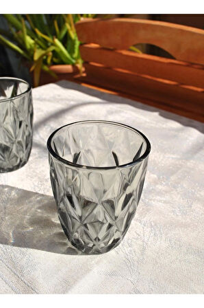 6 Adet Siyah Cam Meşrubat Bardağı 280 ml- Kristal Desen Su Bardak
