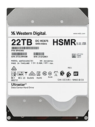 WESTERN DİGİTAL Ultrastar DC HC675 22TB 7200rpm 256MB 6G Sata 3.5" Harddisk 0F48261 WXH722422ALE601