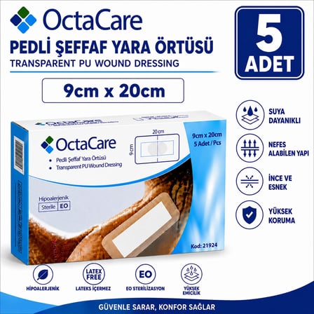 Octacare Su Geçirmez Pedli Şeffaf Pu Film Steril Yara Örtüsü Banyo Bandı 9cm×20cm (5 Adet)